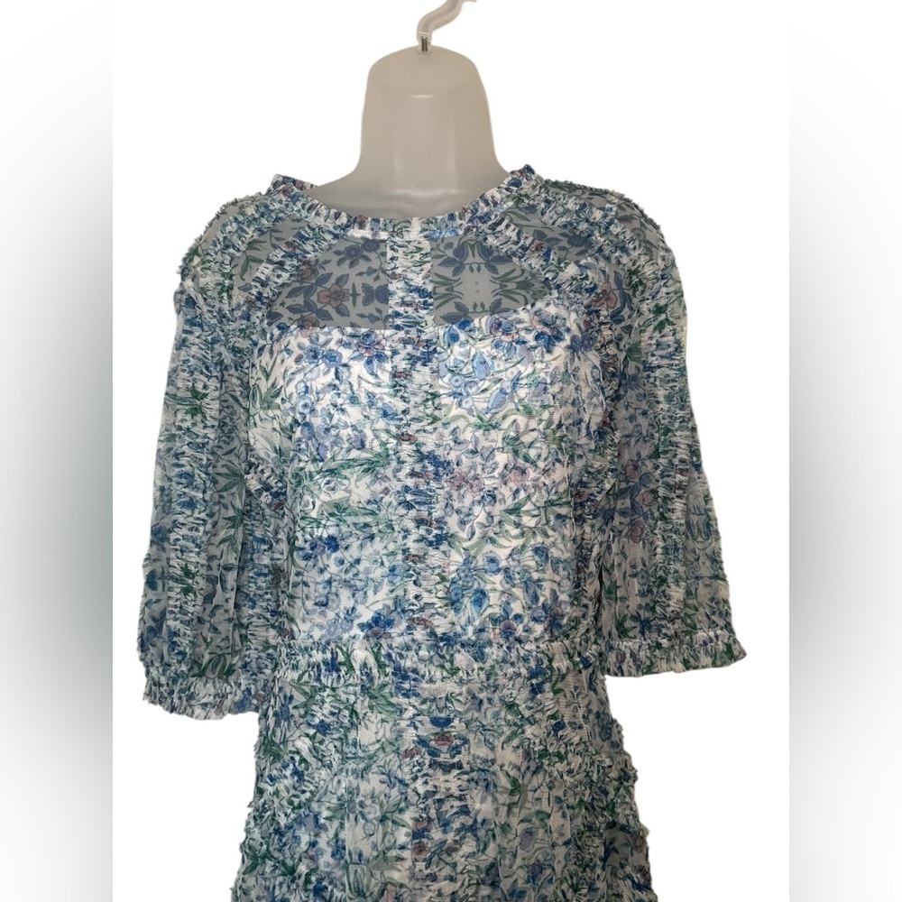 Mac Duggal 8011 Blue Floral Mesh Puff Sleeve Midi Dress Size 18 NWOT - Picture 6 of 6